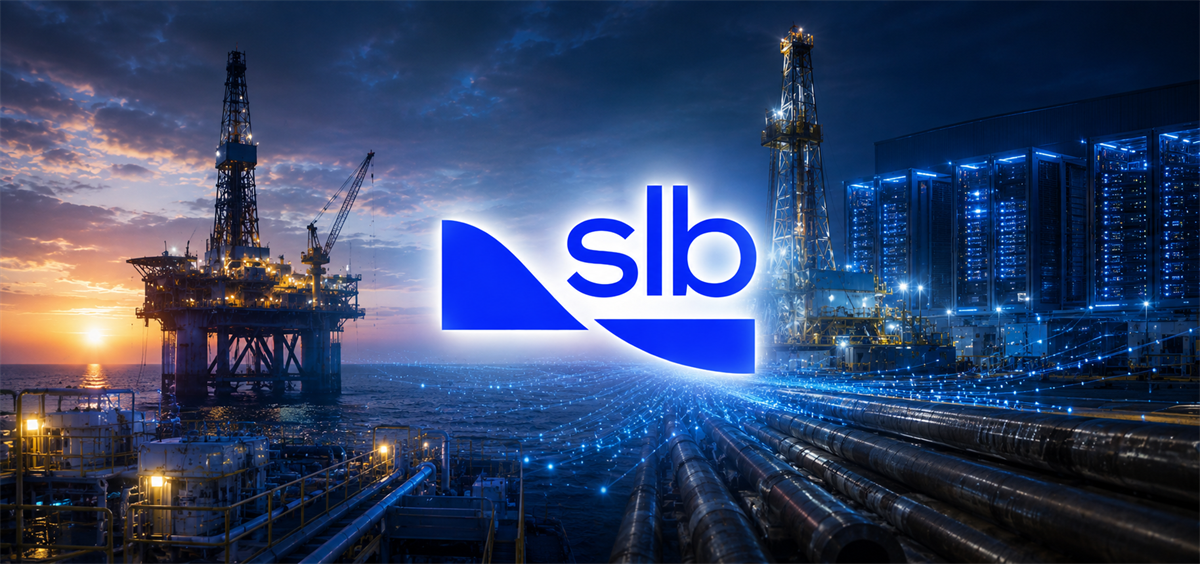 SLB logo displayed over an offshore oil rig and drilling towers with digital data visualization effects.