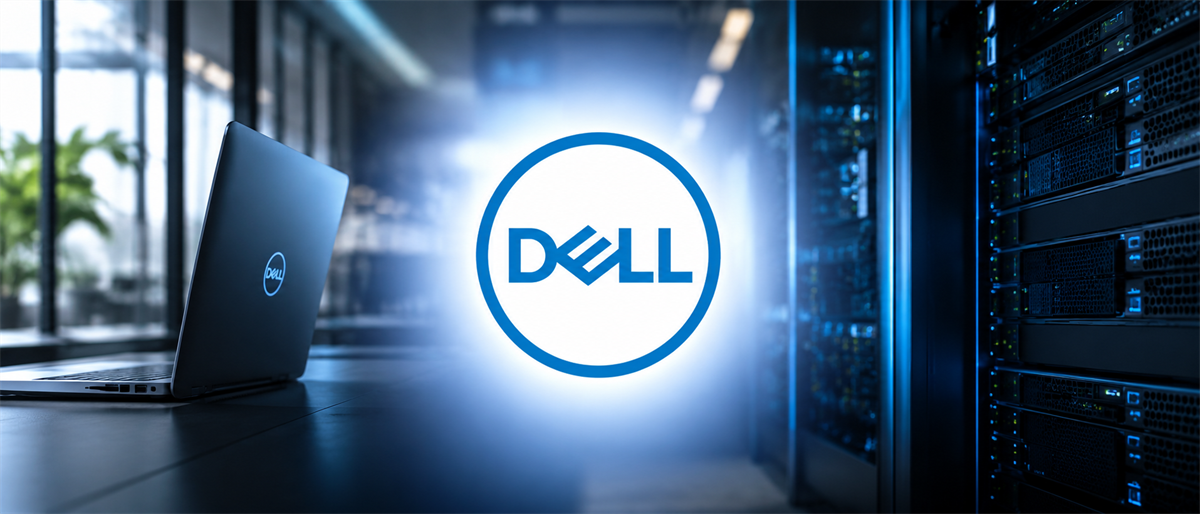 Dell logo illuminated in a data center setting with a laptop and server racks visible nearby.