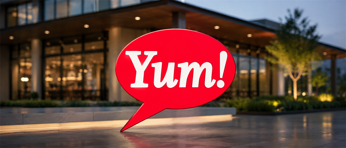 Yum! Brands logo displayed on a red speech bubble sign outside the company's headquarters building at dusk.