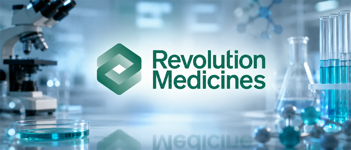 Revolution Medicines logo displayed over a laboratory background with a microscope, flasks, and test tubes.