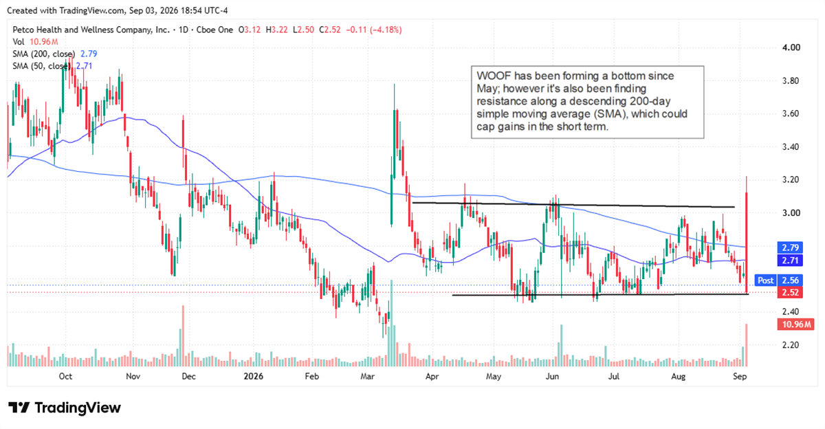 WOOF chart showing the stock down sharply the day after its most recent report.