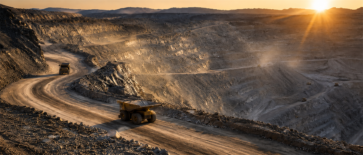Large haul trucks travel a winding road through an open-pit mine at sunrise or sunset.
