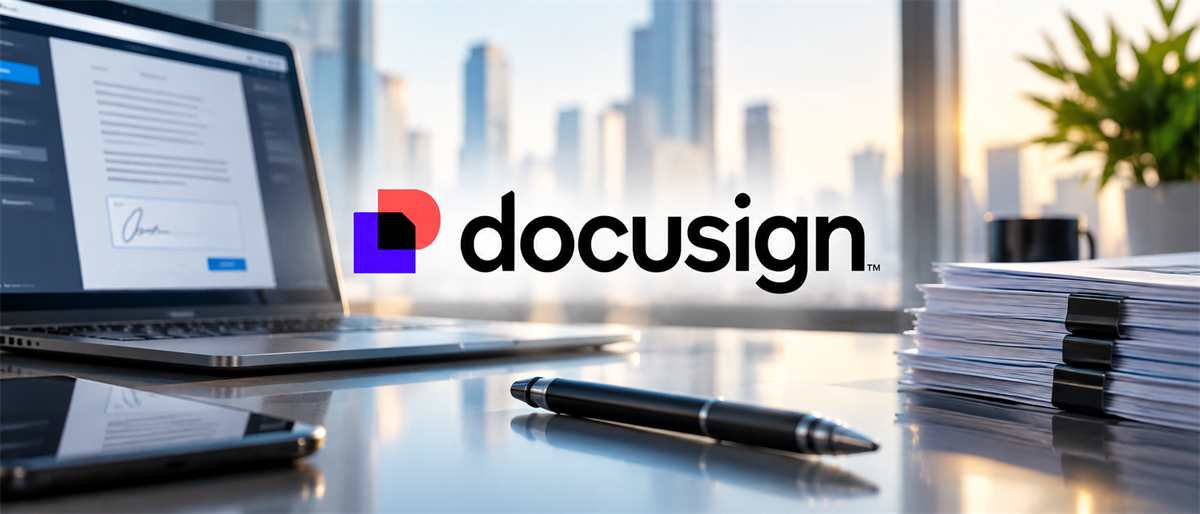 Docusign logo displayed over a desk with a laptop showing a signed document, pen, and stack of papers.