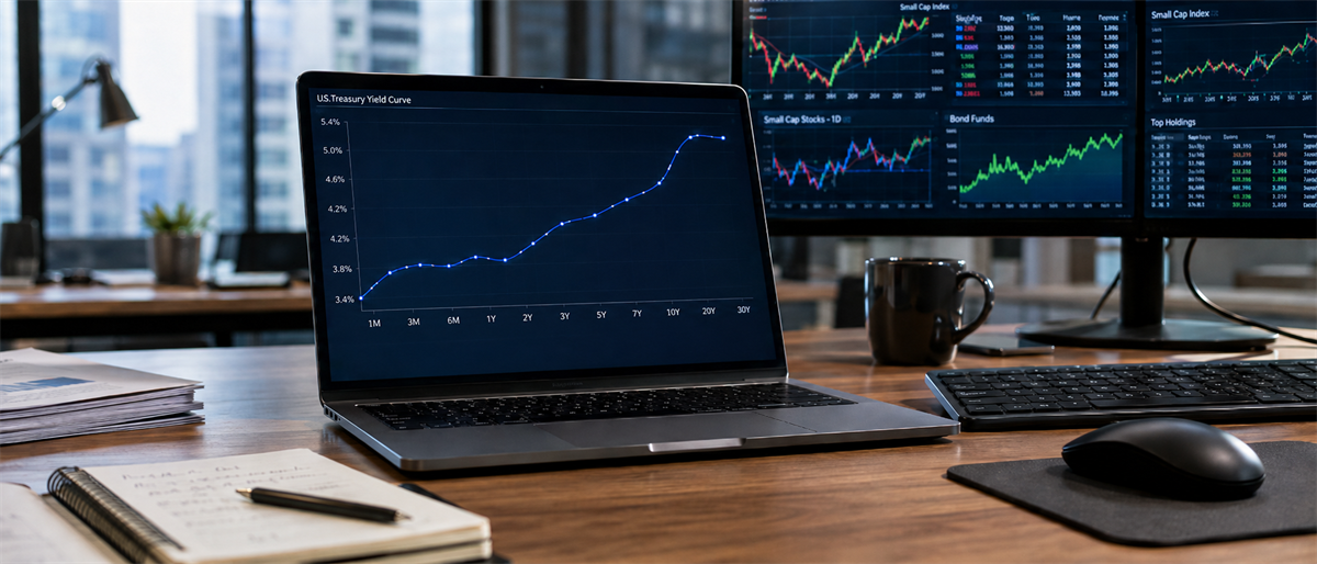 Laptop displaying a U.S. Treasury yield curve chart on a desk with monitors showing stock market data.