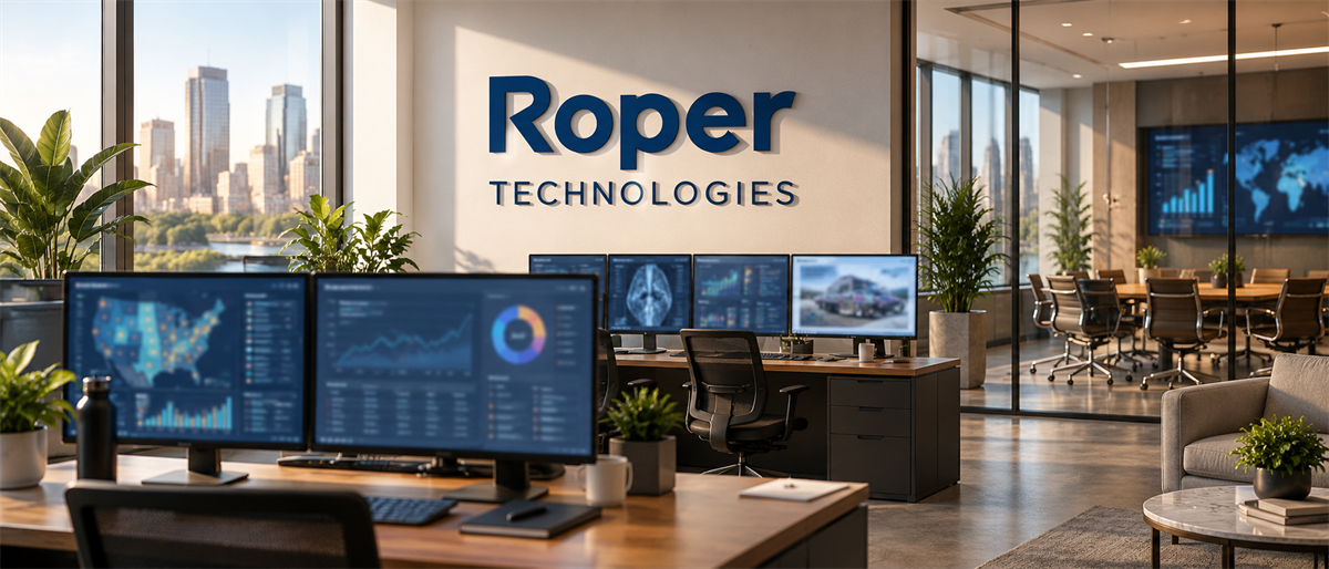 Office workspace with multiple computer monitors displaying data charts, near a wall with the Roper Technologies logo.