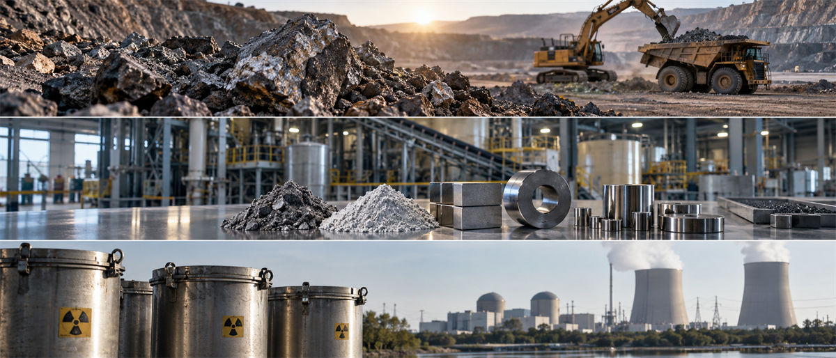 Composite image showing rare earth ore mining, processed metal materials in a factory, and nuclear power plant cooling towers.