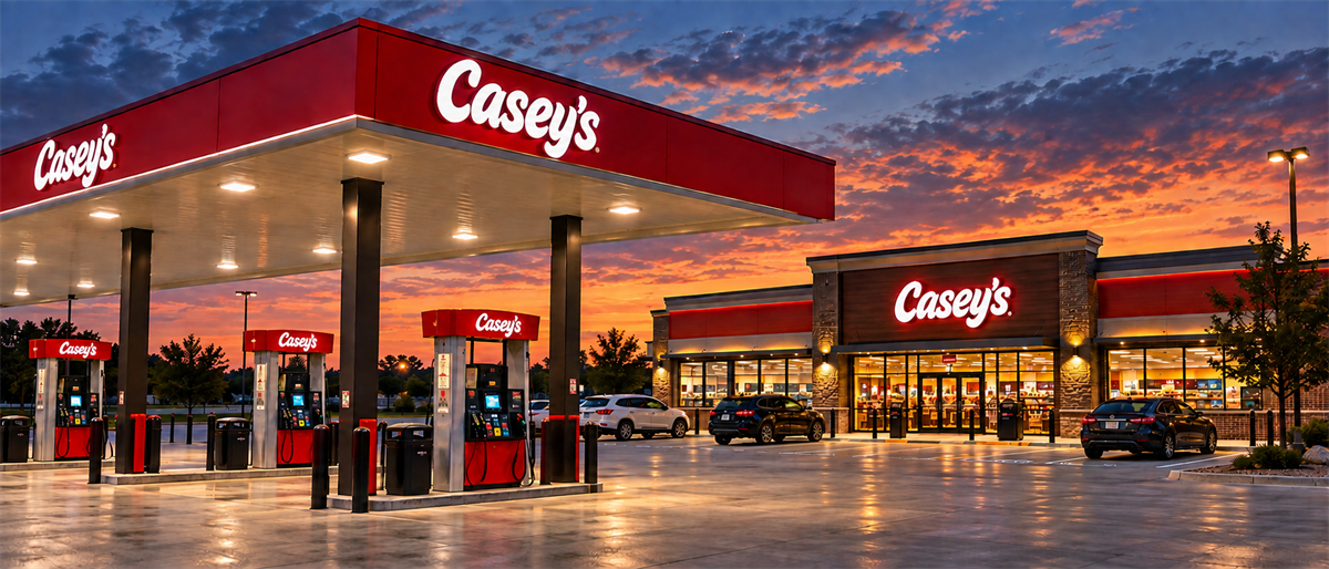 Casey's convenience store and fuel station with gas pumps and parked cars at dusk, illuminated Casey's signage visible.
