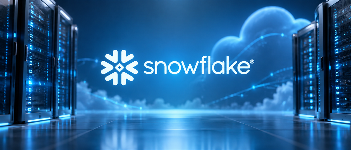 Snowflake logo illuminated between server racks in a data center with a digital cloud graphic overhead.