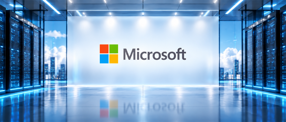 Microsoft logo displayed on a wall between rows of illuminated server racks in a data center.
