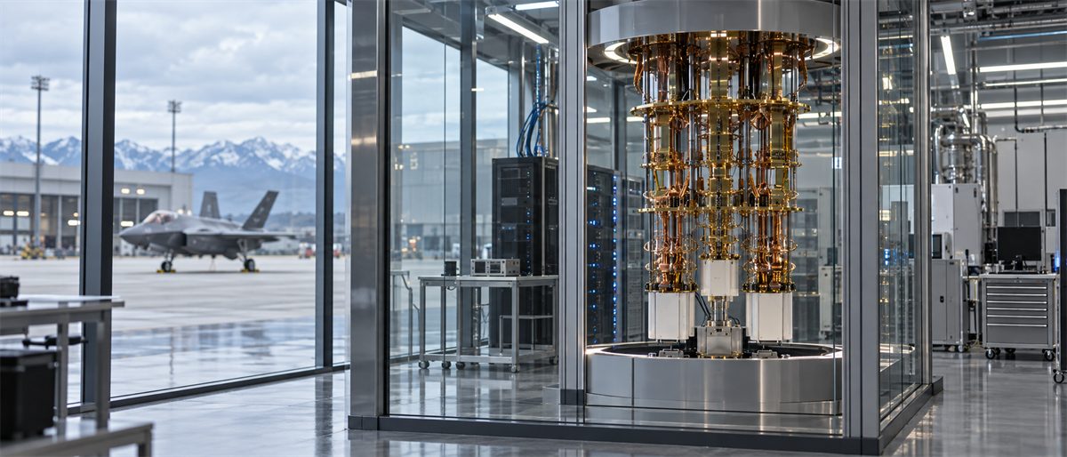A quantum computing chandelier housed in glass enclosure inside a facility, with a military jet visible outside.