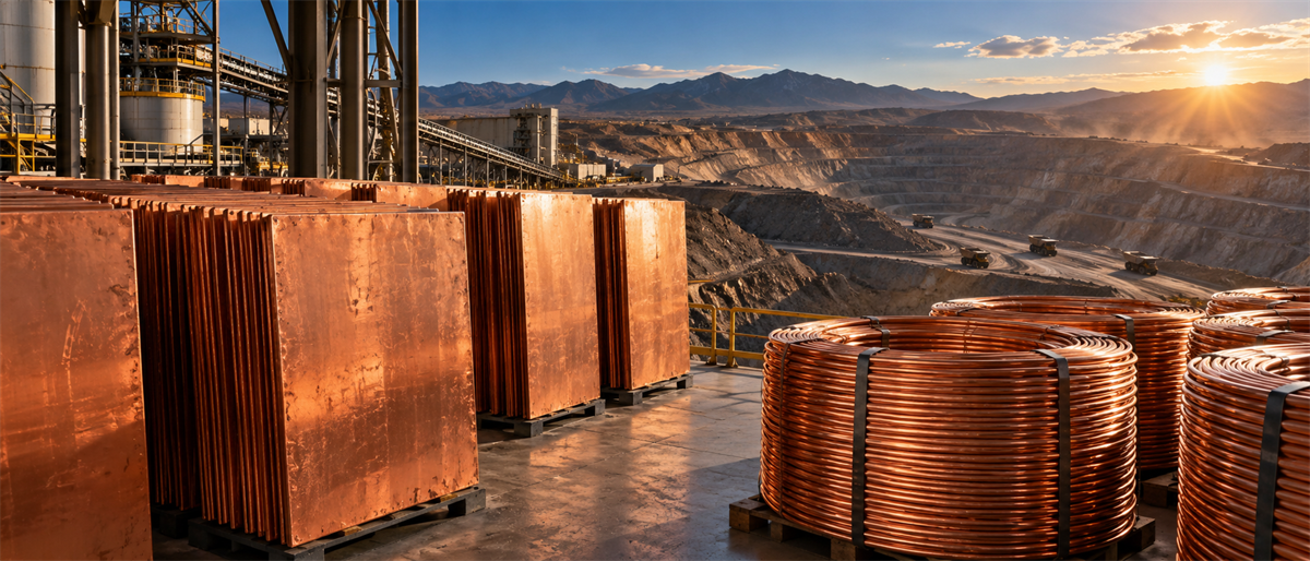 Copper cathode sheets and coiled copper stacked at a processing plant overlooking an open-pit mine at sunset.