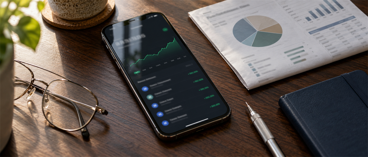 Smartphone displaying a rising stock price chart on a desk with glasses, a financial newspaper, and a notebook.
