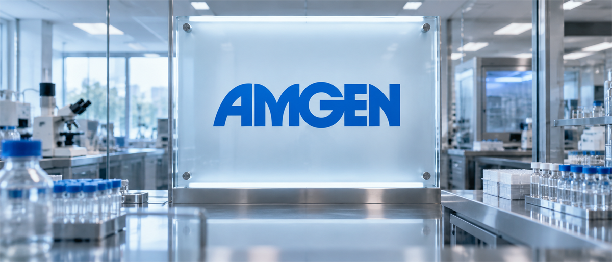 Amgen logo displayed on a glass panel in a laboratory setting with microscopes and sample vials.