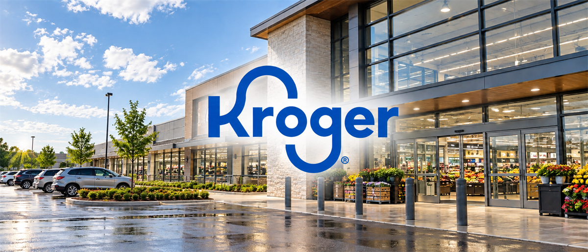 Kroger logo overlaid on a photo of a Kroger grocery store exterior with parking lot and produce display.