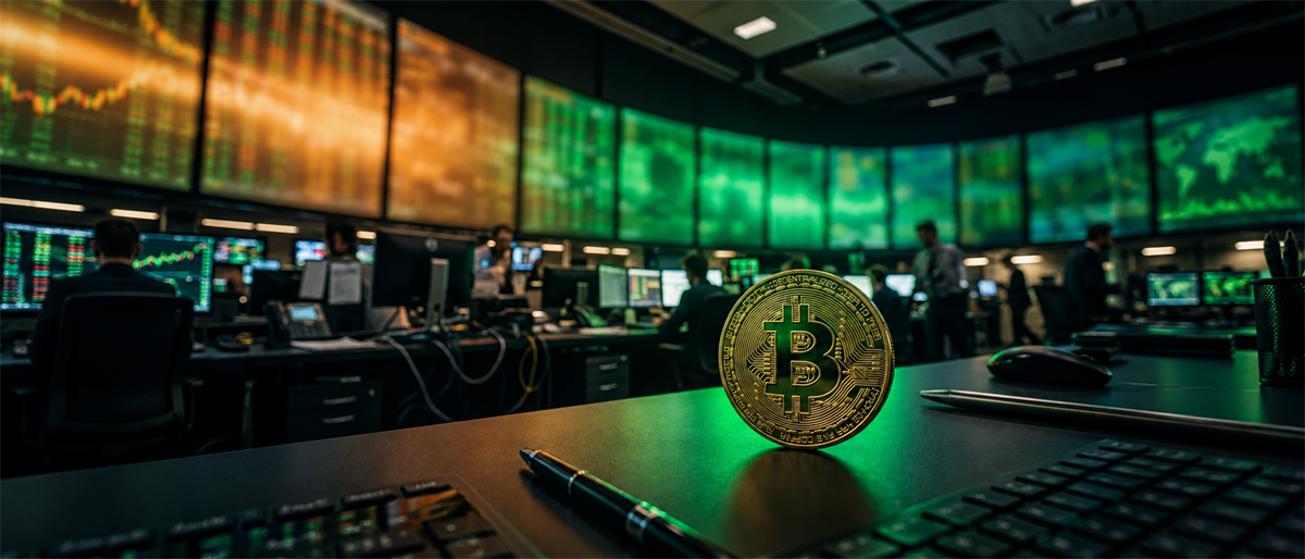 A gold Bitcoin coin sits on a desk in a trading room with large screens displaying market data.