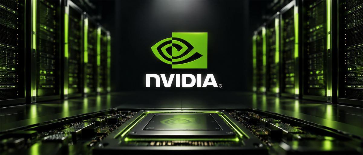 Nvidia logo displayed above a computer chip, flanked by server racks in a darkened data center.
