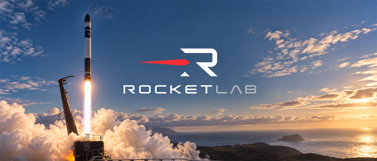Rocket Lab logo beside a rocket launching from a coastal pad amid smoke and clouds at sunset.