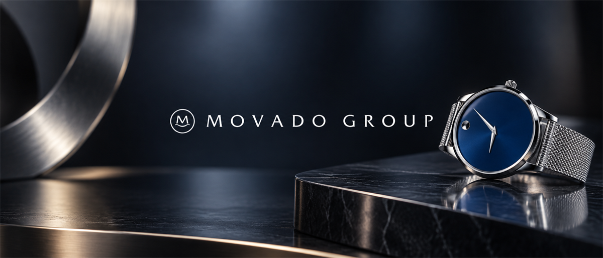 Movado Group logo beside a silver wristwatch with a blue dial and mesh band on a dark surface.