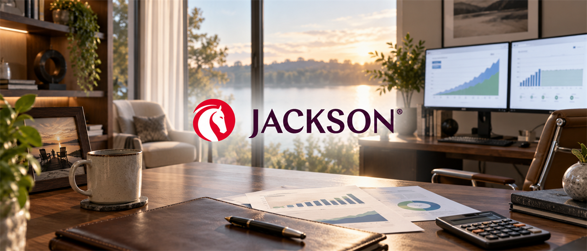 Jackson logo displayed in an office setting with a desk, financial charts, calculator, and dual computer monitors.