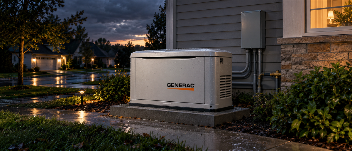 A Generac home standby generator installed outside a residential house at dusk, connected to an electrical panel.