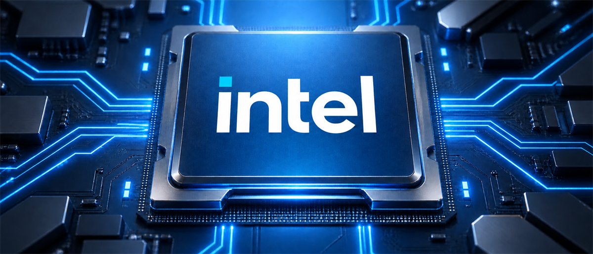 Intel logo displayed on a computer chip embedded in an illuminated blue circuit board.