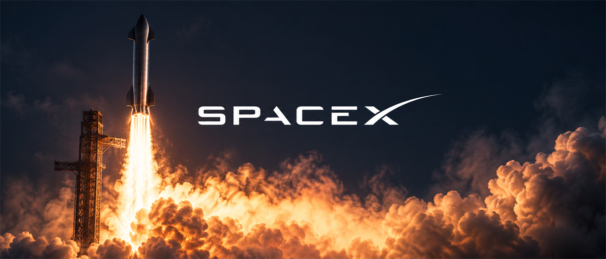 A rocket launches from a tower amid flames and smoke, with the SpaceX logo displayed beside it.