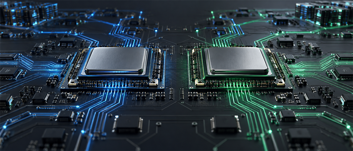 Two computer chips on a circuit board illuminated by blue and green glowing electronic pathways.
