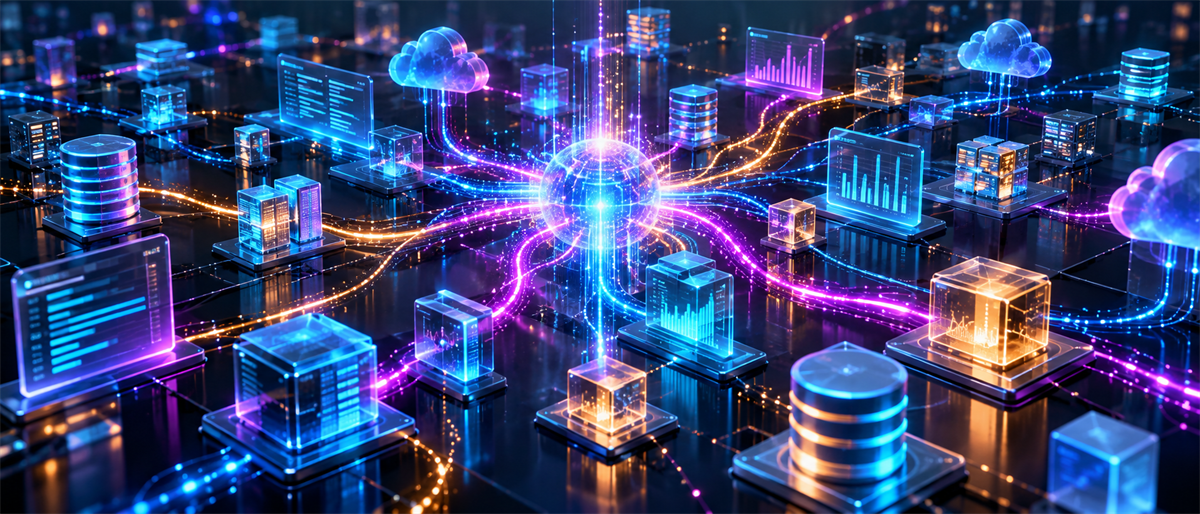 Digital illustration of glowing servers, cloud icons, and data charts connected by light streams, symbolizing cloud computing and data networks.