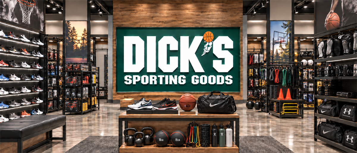 Interior of a DICK's Sporting Goods store featuring the company logo sign, shoe displays, and sports equipment shelves.
