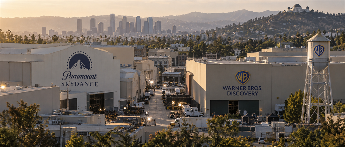 Aerial view of studio lots with Paramount Skydance and Warner Bros. Discovery signage, with the Los Angeles skyline in the background.