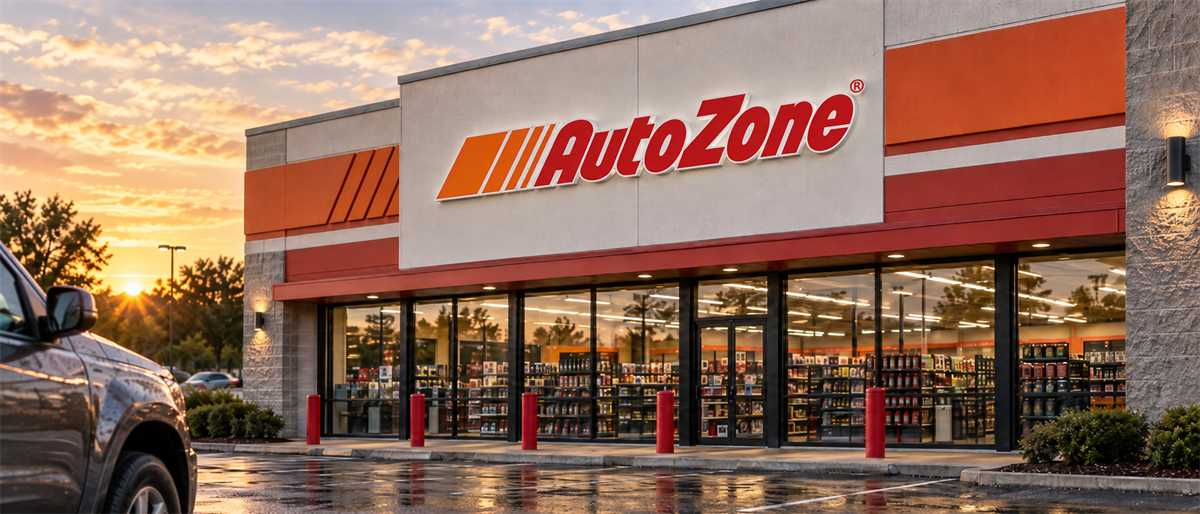 Exterior of an AutoZone retail store with illuminated logo, glass entrance, and parking lot at sunset.