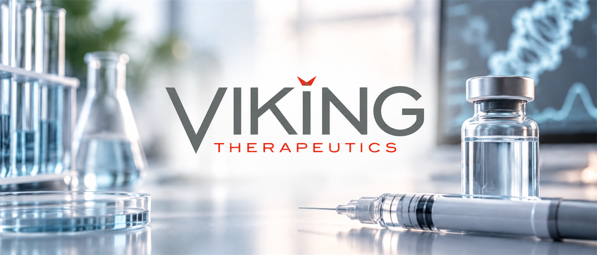 Viking Therapeutics logo displayed among laboratory glassware, a vial, and a syringe in a lab setting.