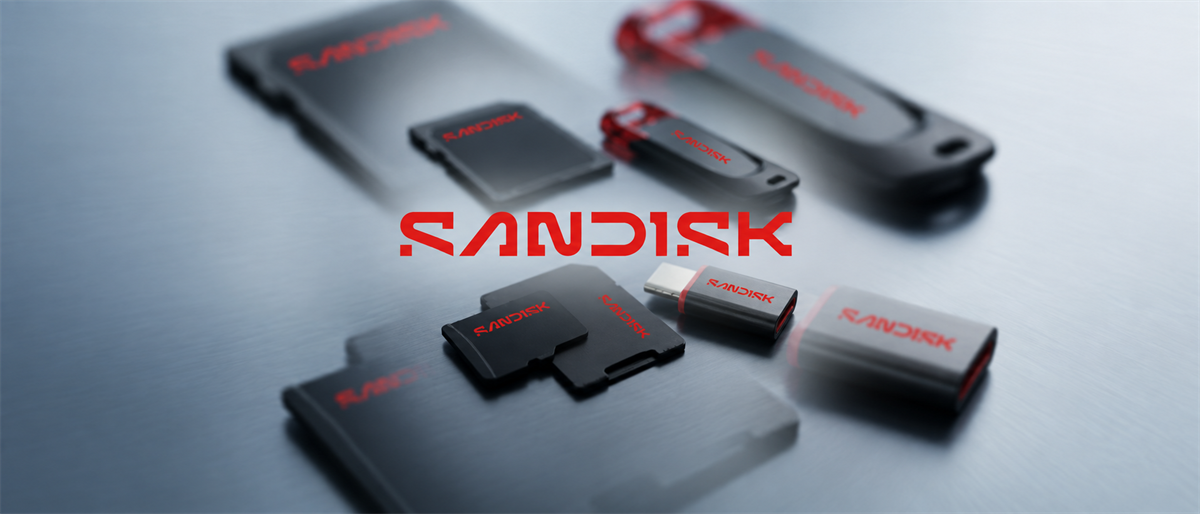 Sandisk memory cards, USB flash drives, and adapters displayed on a metallic surface with the Sandisk logo.
