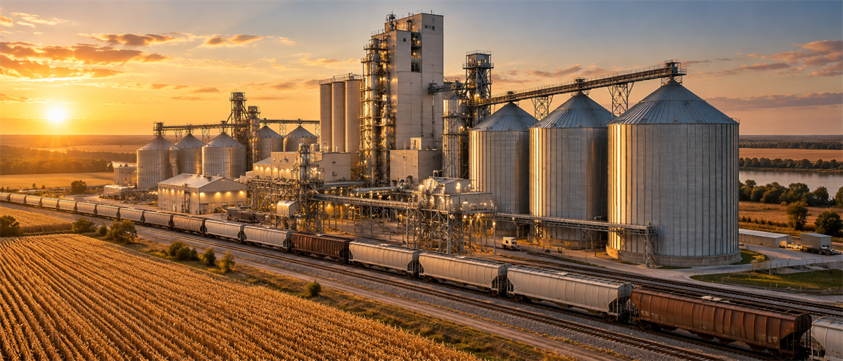 Grain elevator and processing facility with silos, railcars, and a cornfield at sunset.