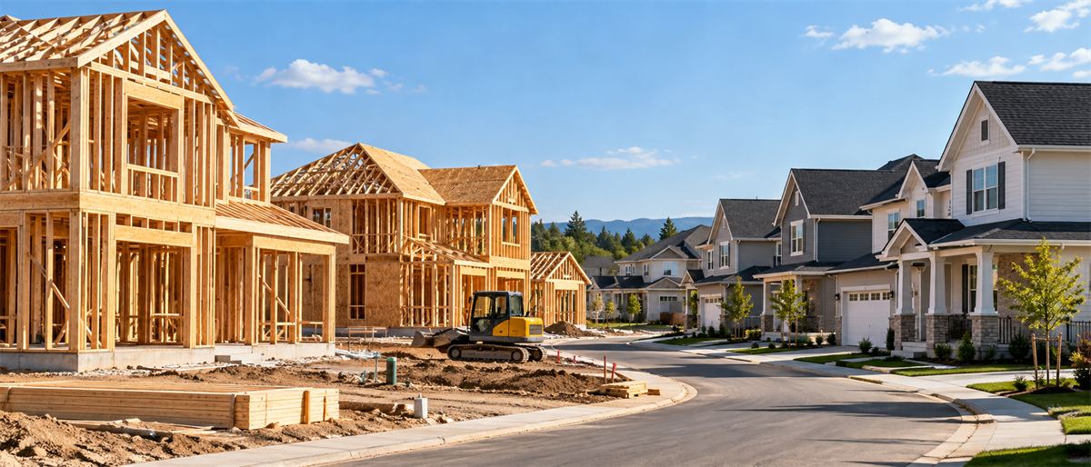 Residential street showing wood-framed homes under construction alongside completed houses in a new housing development.
