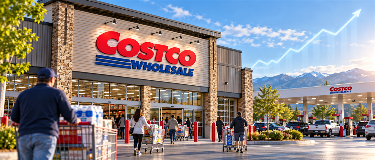 Costco Wholesale storefront with shoppers and carts, gas station nearby, and an upward stock chart arrow overlay.