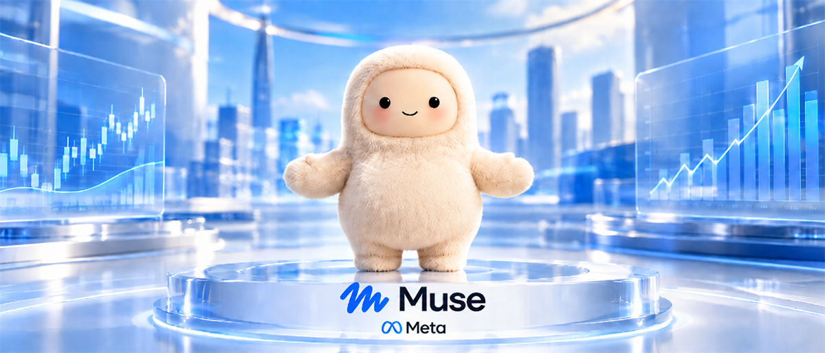 Illustration of a plush mascot with the Muse and Meta logos, flanked by upward-trending stock charts.