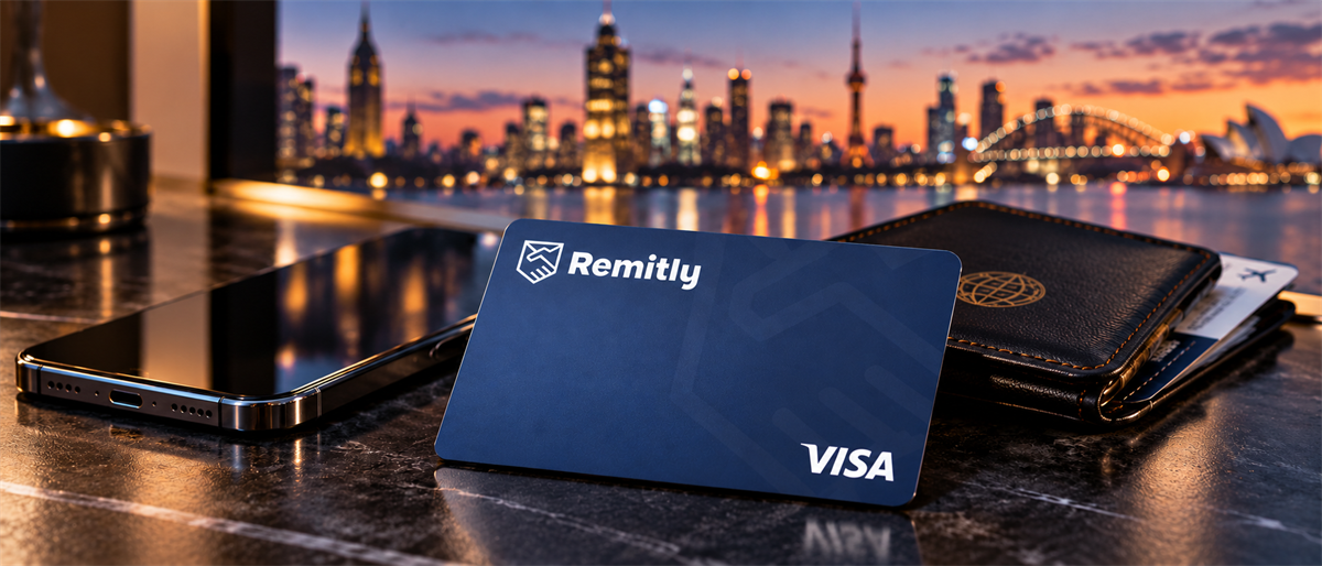 A Remitly Visa card rests on a table with a smartphone and wallet, city skyline visible at dusk.
