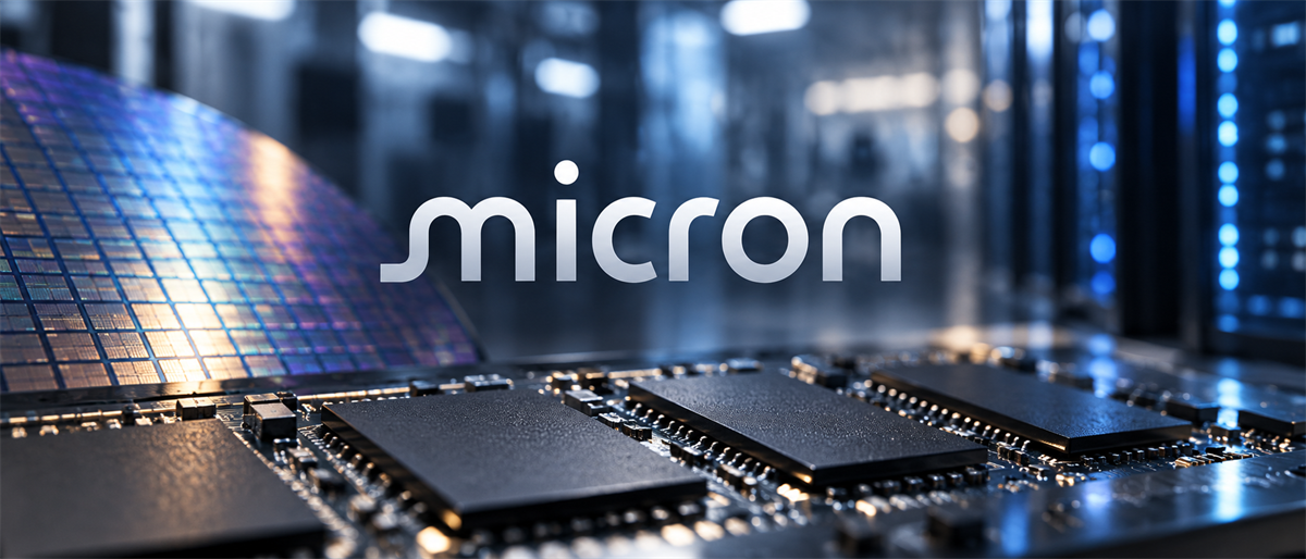 Micron logo displayed over a silicon wafer and semiconductor chips on a circuit board in a data center.