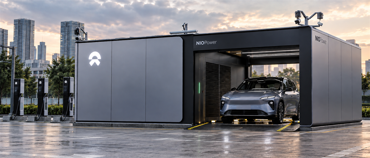 A NIO electric vehicle sits inside a NIO Power battery swap station with charging stalls and city skyline nearby.
