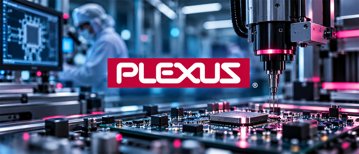 Plexus logo displayed over an electronics manufacturing facility with a circuit board assembly machine and technician in the background.
