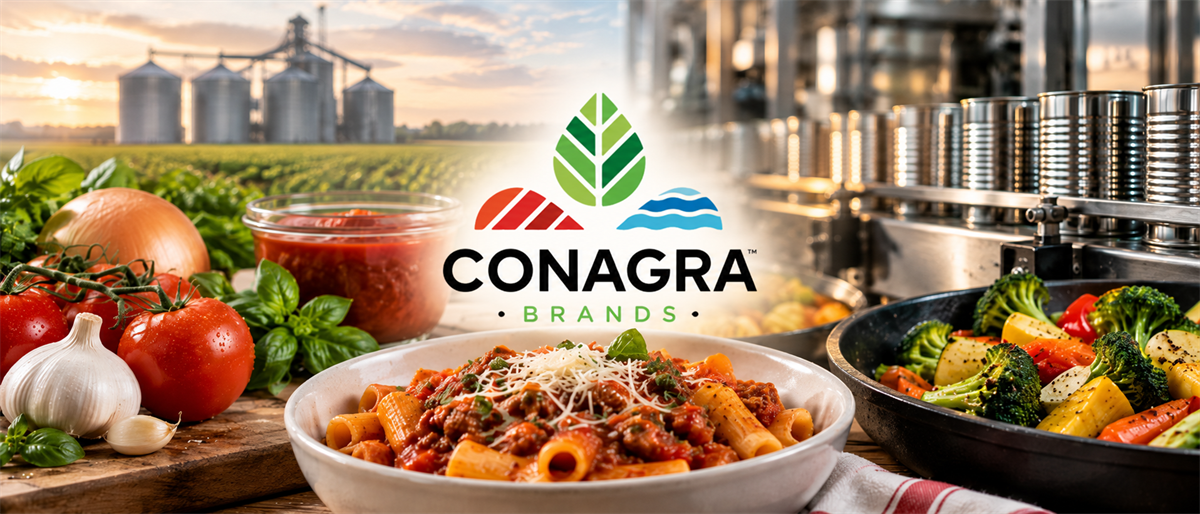 Conagra Brands logo centered amid images of pasta, vegetables, produce, grain silos, and a food processing line.