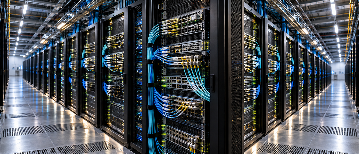 Rows of server racks with blue network cables in a data center housing computing infrastructure.