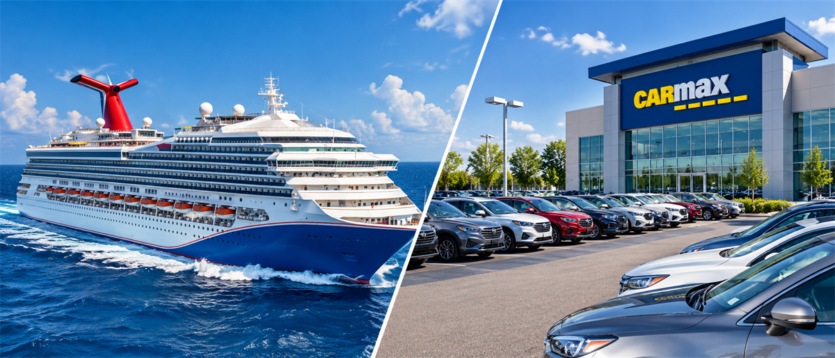 Split image showing a Carnival cruise ship at sea alongside a CarMax dealership lot with used cars displayed.