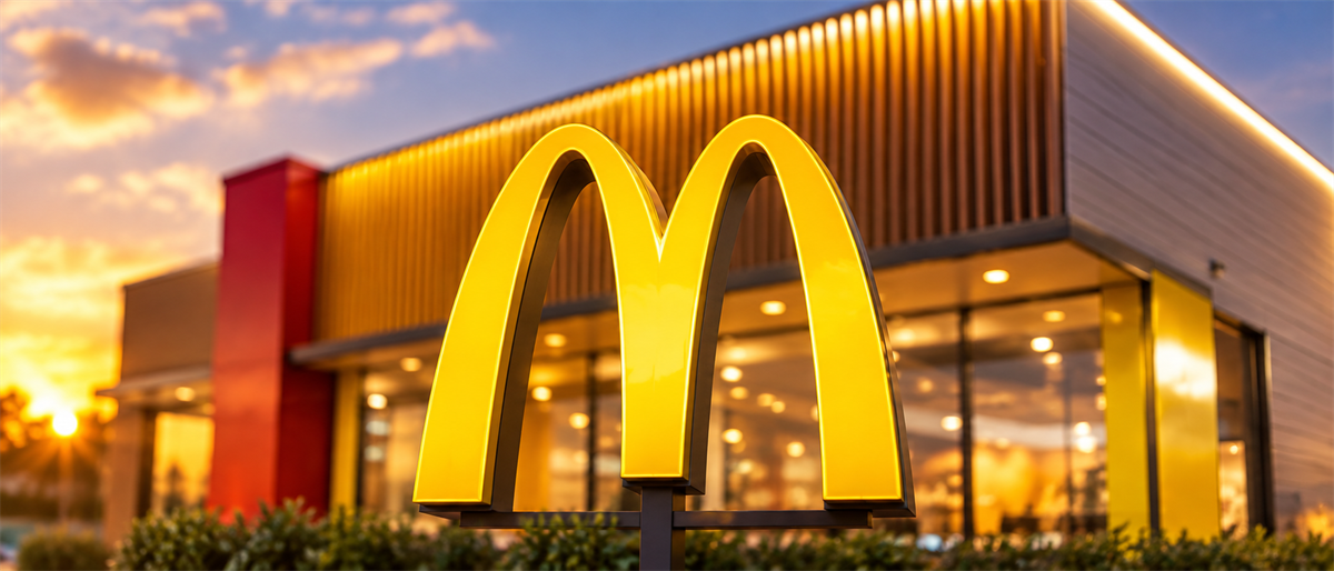McDonald's golden arches logo illuminated at dusk in front of a modern restaurant building.