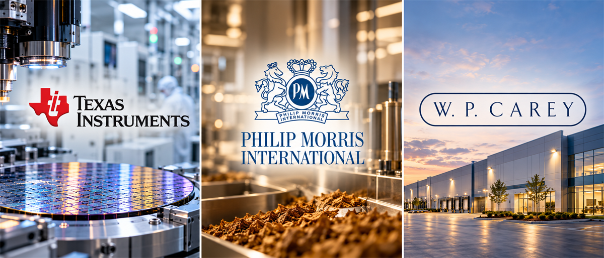 Three-panel image showing logos for Texas Instruments, Philip Morris International, and W. P. Carey over factory and warehouse scenes.