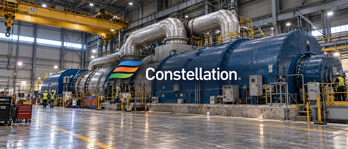 Large blue turbine generator equipment inside an industrial power plant facility with the Constellation Energy logo displayed.