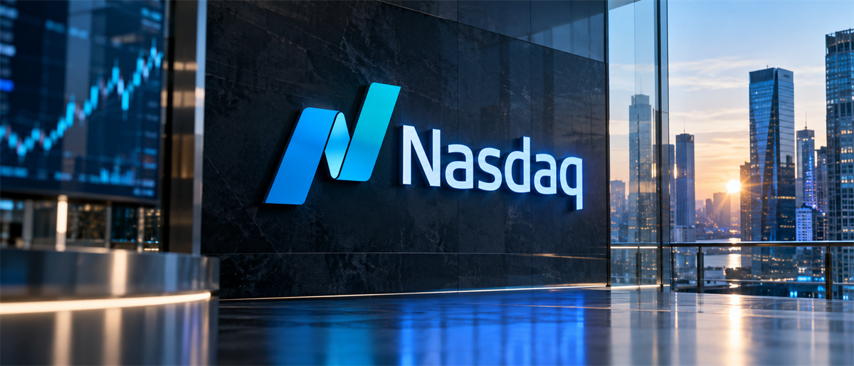 Illuminated Nasdaq logo on a glass wall with a stock price chart and city skyline at dusk in the background.