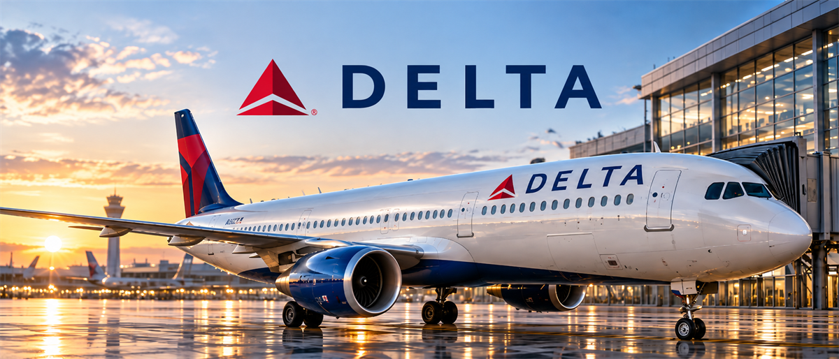 Delta Air Lines jet parked at an airport gate at sunset, with the Delta logo displayed above the aircraft.