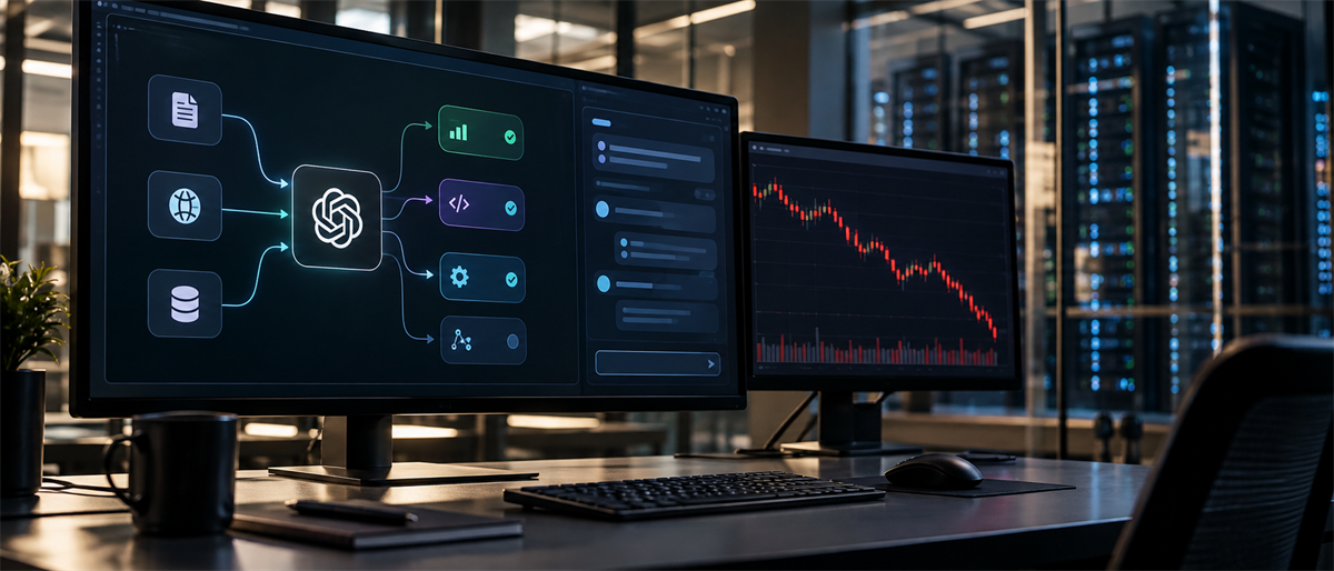 Two monitors on a desk show an AI workflow diagram with an OpenAI-style icon and a declining red candlestick stock chart.